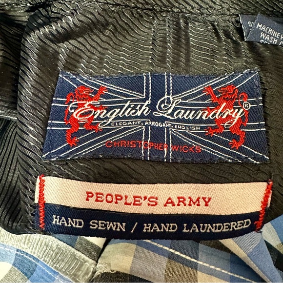 English Army People’s Army Blue Check Button Down Mens Shirt Sz L Hand Stitched - Picture 8 of 13